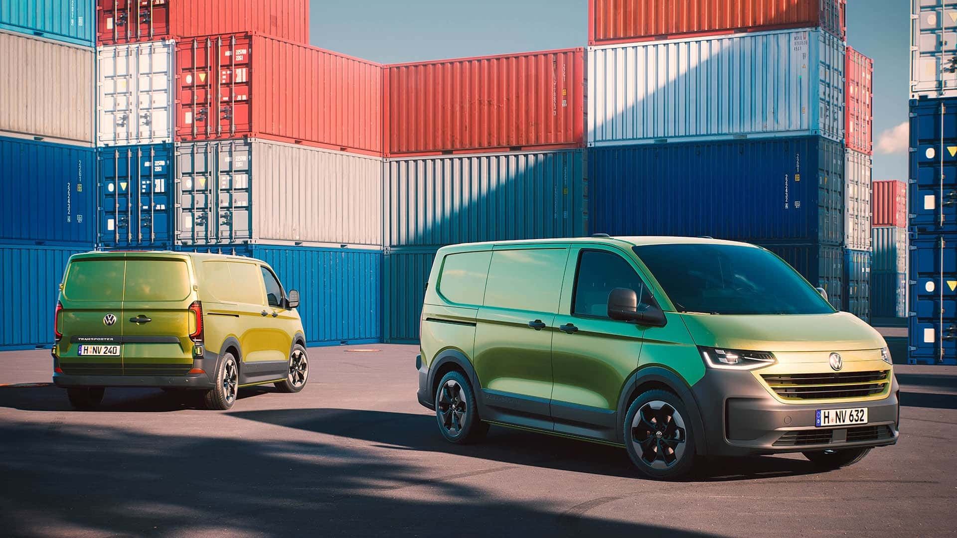 Volkswagen in front of cargo containers at a harbour.